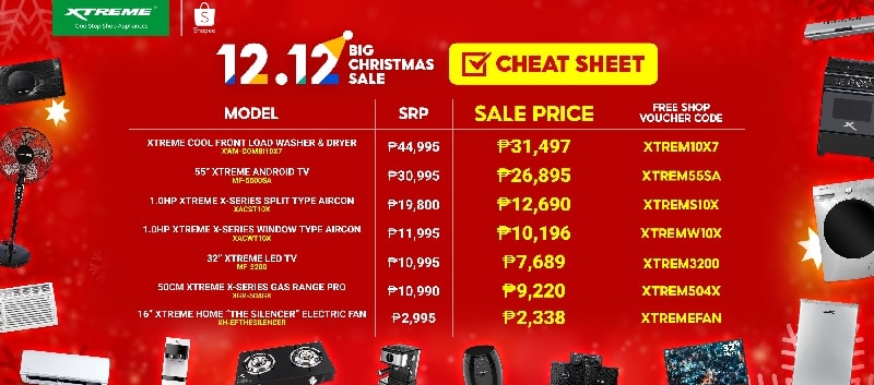 Use this Shopee 12.12 Big Christmas Sale Cheat Sheet when you shop at XTREME Appliances
