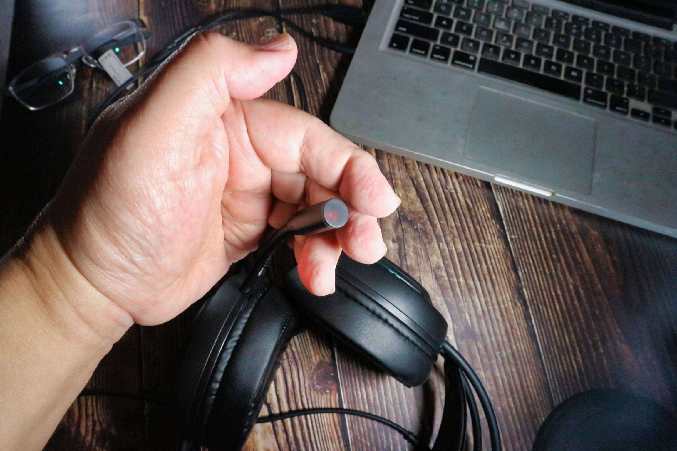 The microphone illuminated with a red light